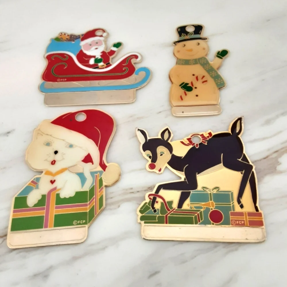 Vintage FCP Flat Metal Enamel Gold Tone Hanging Christmas Ornaments